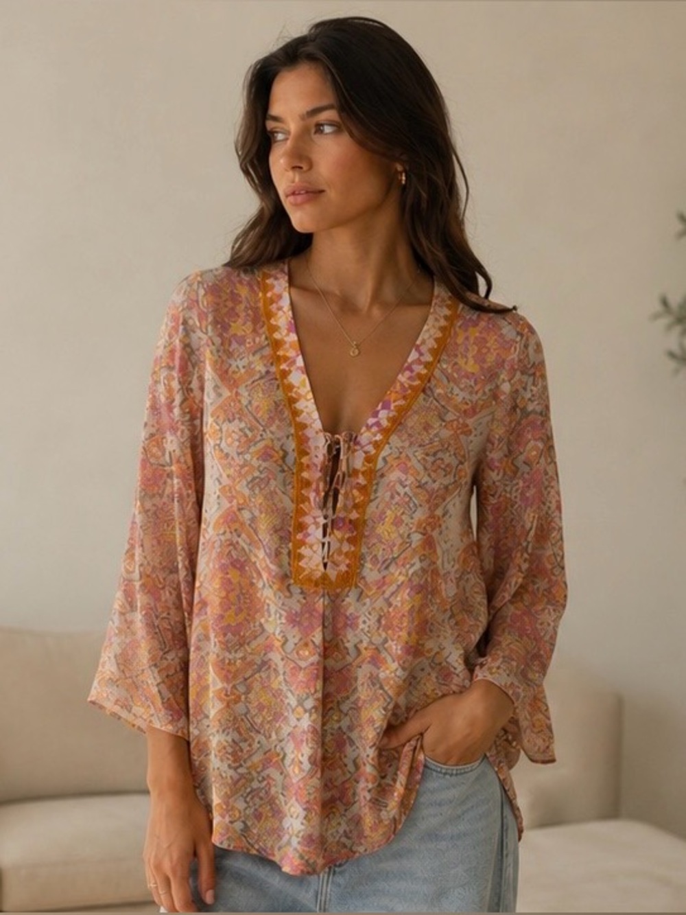 Hale Bob Silk Beaded Tunic Blouse